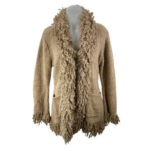 Halukoko Women's Beige Wool Fringe Hem Long Sleeve Cardigan Duster Sweater Sz M